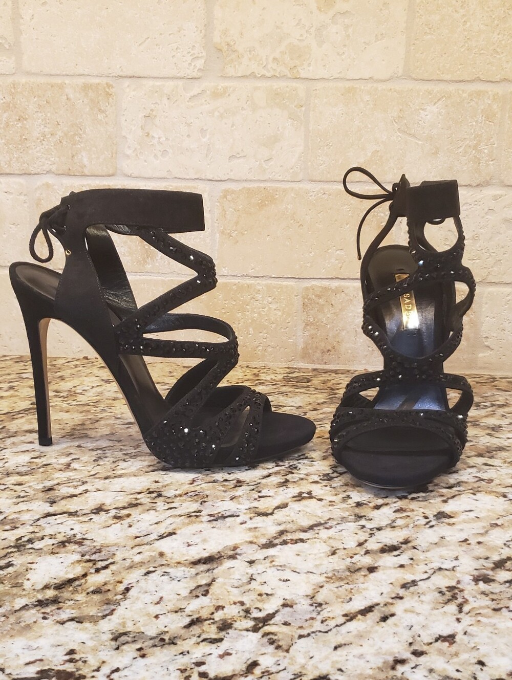 NIB Casadei Black Crystal Strappy Suede  High Heel Sandals - Women